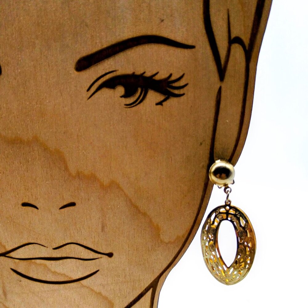 Vintage Filigree Basket Dangle Earrings with Oval Drop, Gold Tone Clip On
